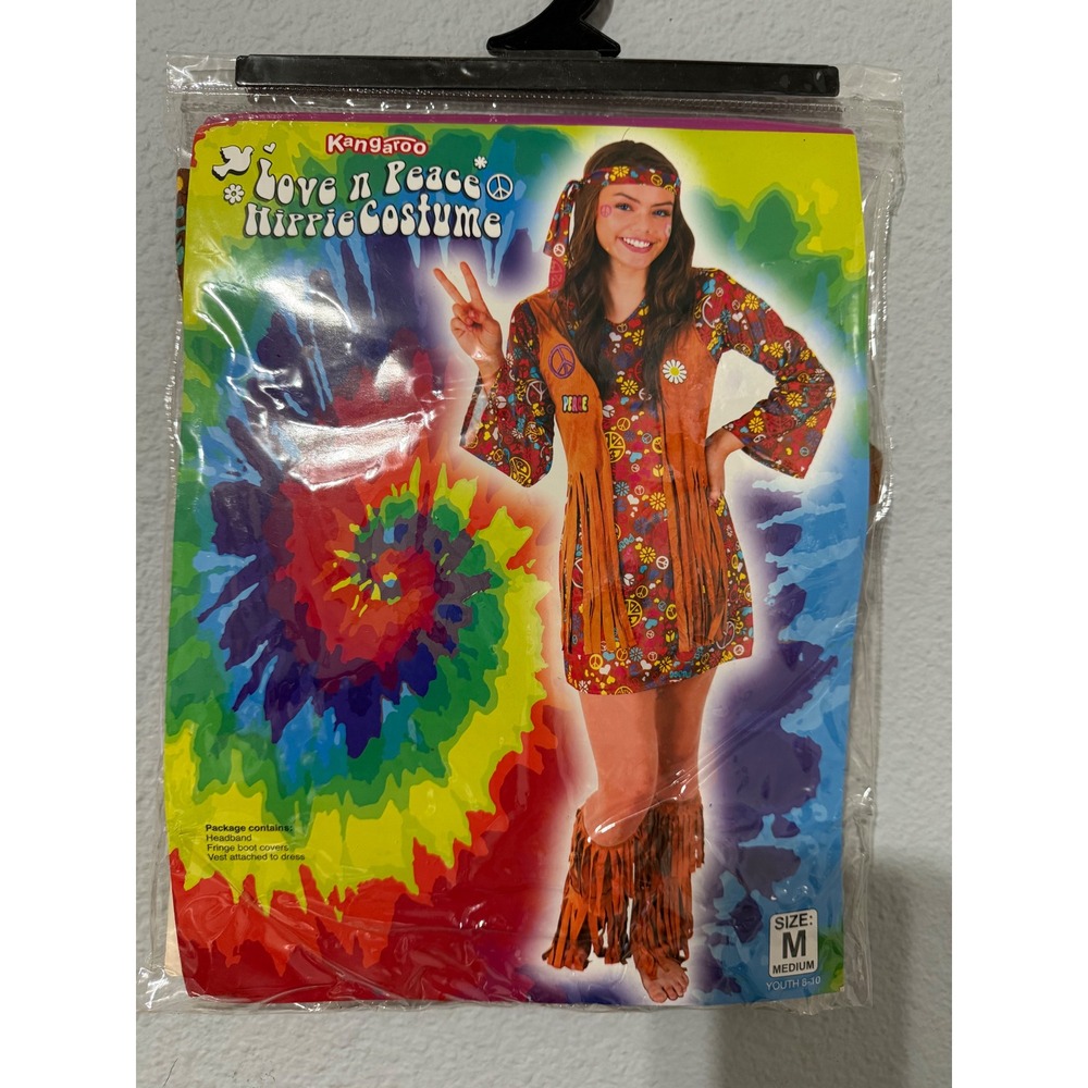 Kangaroo Love n Peace Hippie Costume Youth Medium 8-10 Retro 70s Fringe Dress Up